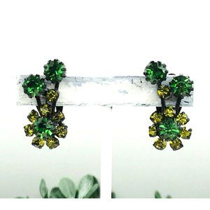 Vintage clip on earrings black tone multi green color rhinestones clusters